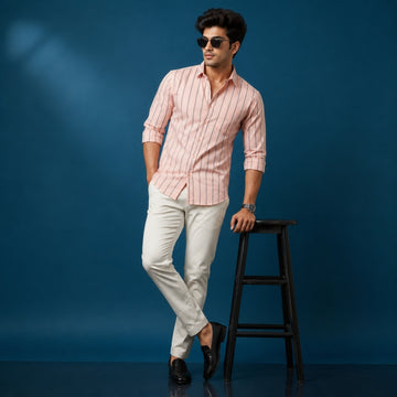 Men’s Peach Stripe Cotton Satin Shirt | 100% Cotton | Round Neck with Collar | Smart Casual Wear