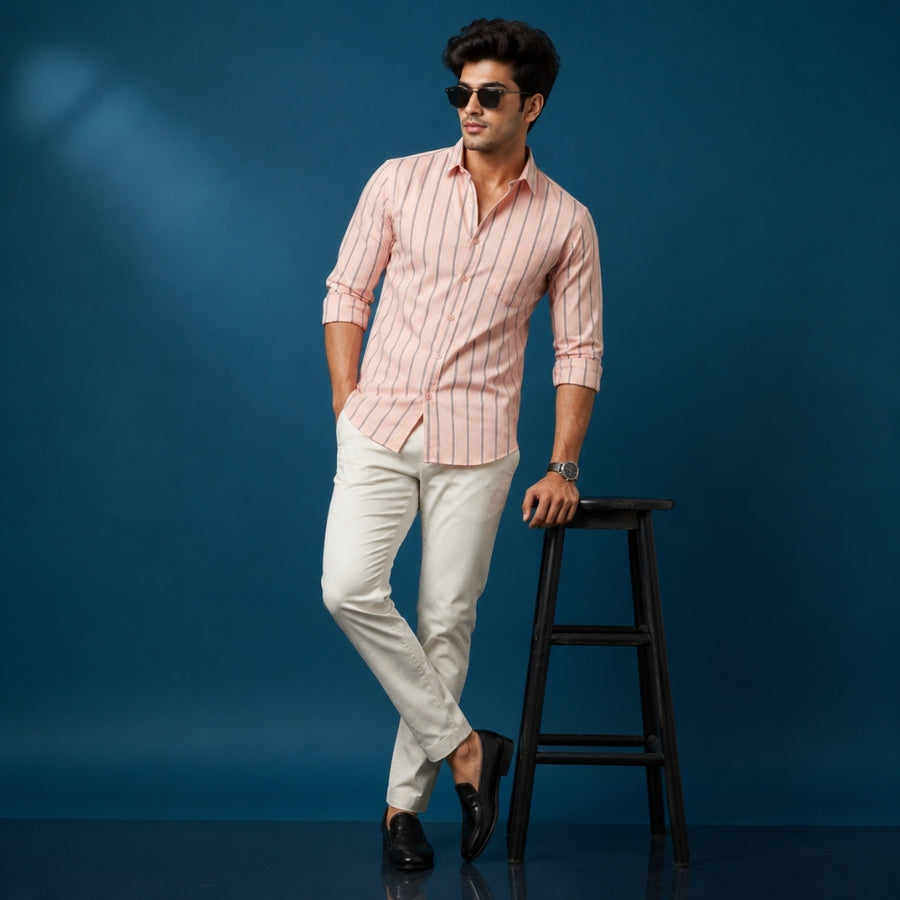 Peach Striped Cotton Satin Shirt — Slim Fit, Full Sleeves