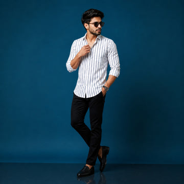 Men’s White Black Stripe Cotton Satin Shirt | 100% Cotton | Round Neck with Collar | Smart Casual Wear