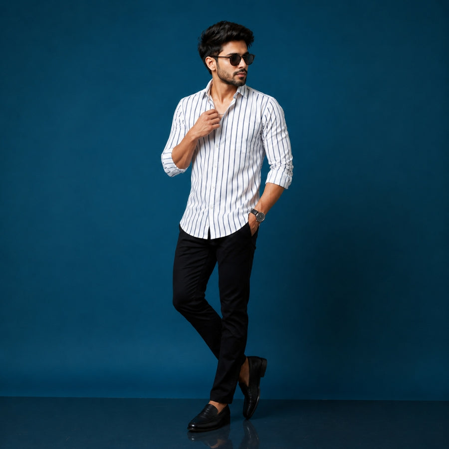 White & Black Striped Cotton Satin Shirt — Slim Fit, Full Sleeves