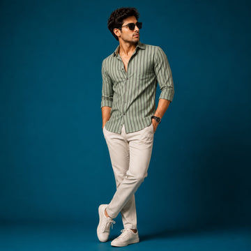 Men’s Green Black Stripe Cotton Satin Shirt | 100% Cotton | Round Neck with Collar | Smart Casual Wear
