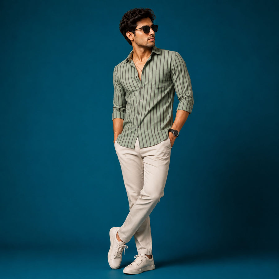 Olive Green & Black Striped Cotton Satin Shirt — Slim Fit, Full Sleeves
