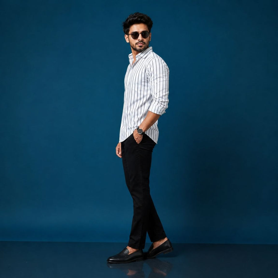 White & Black Striped Cotton Satin Shirt — Slim Fit, Full Sleeves