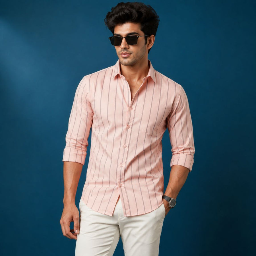 Peach Striped Cotton Satin Shirt — Slim Fit, Full Sleeves