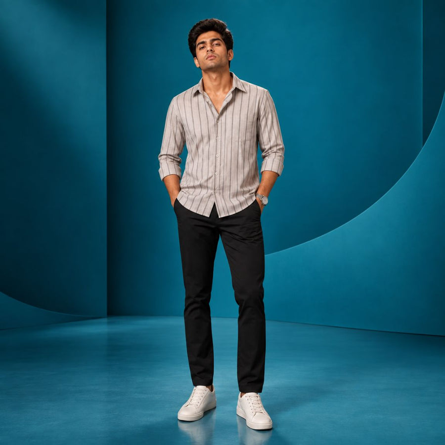 Grey Striped Cotton Satin Shirt — Slim Fit, Full Sleeves