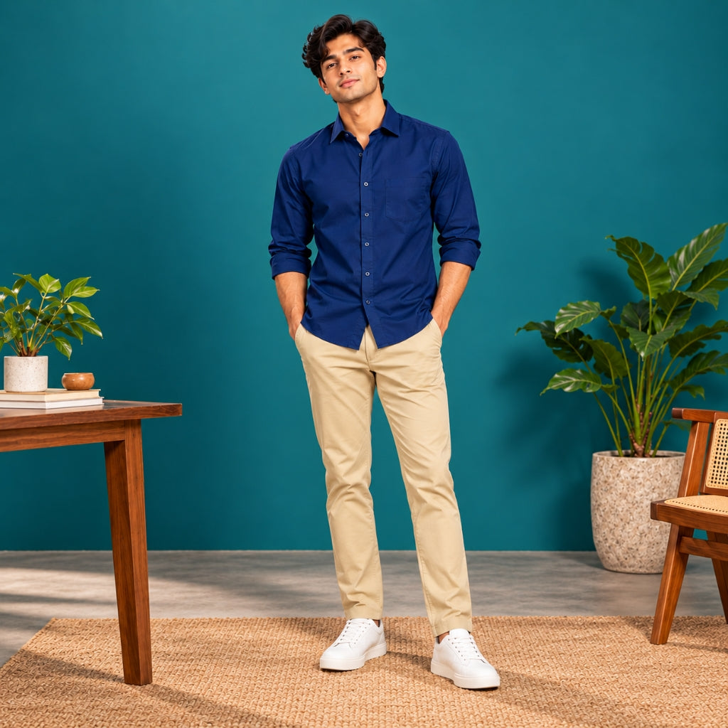 Premium Beige Cotton Satin Slim-Fit Chinos & Navy Blue Oxford Shirt – Smart Casual Outfit