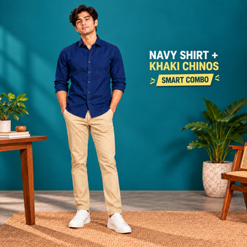 Premium Beige Cotton Satin Slim-Fit Chinos & Navy Blue Oxford Shirt – Smart Casual Outfit