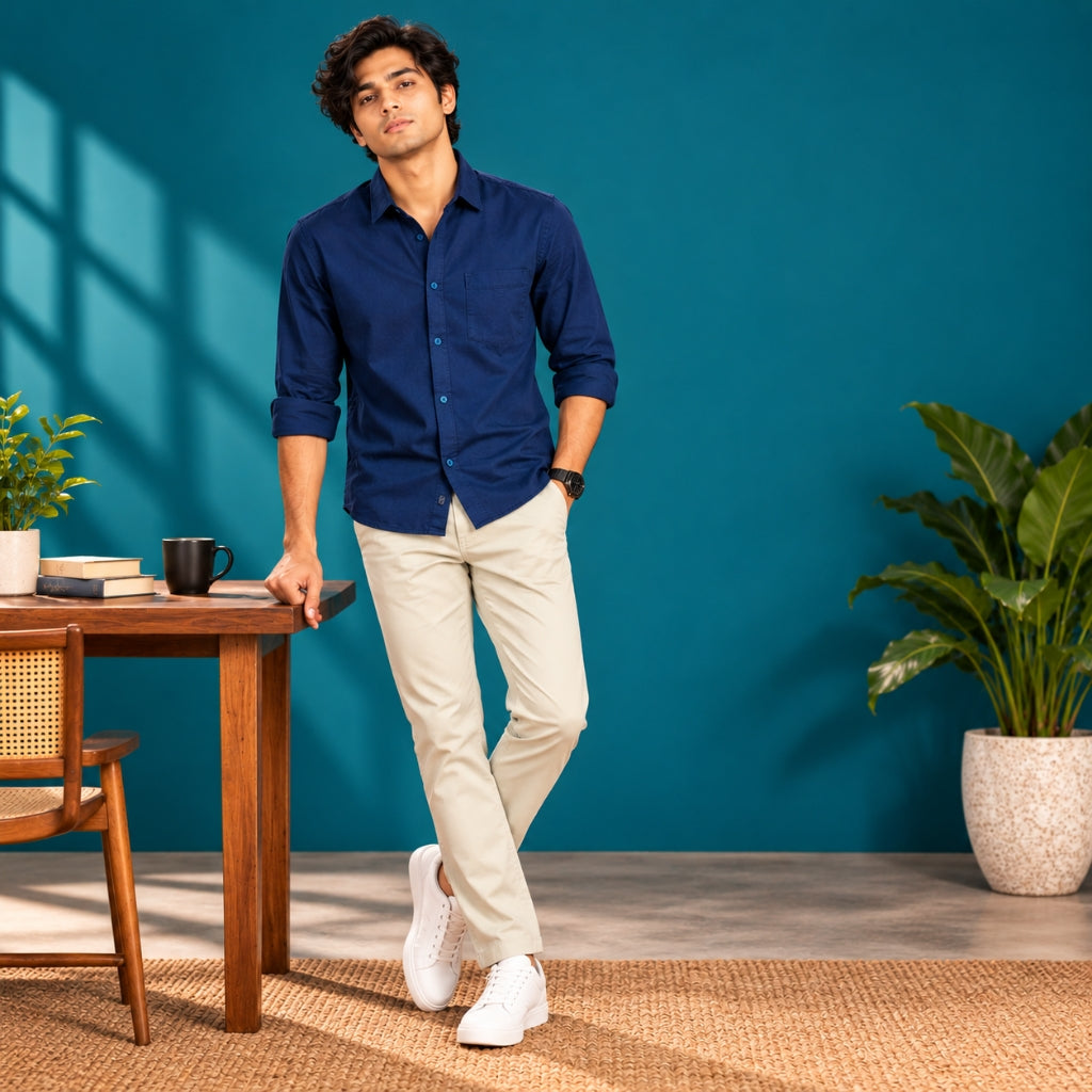 Premium Off-White Cotton Satin Chinos & Navy Blue Oxford Shirt – Smart Casual Outfit