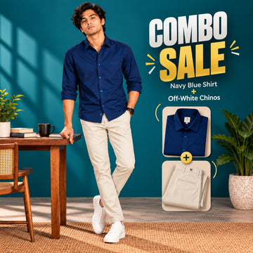 Premium Off-White Cotton Satin Chinos & Navy Blue Oxford Shirt – Smart Casual Outfit