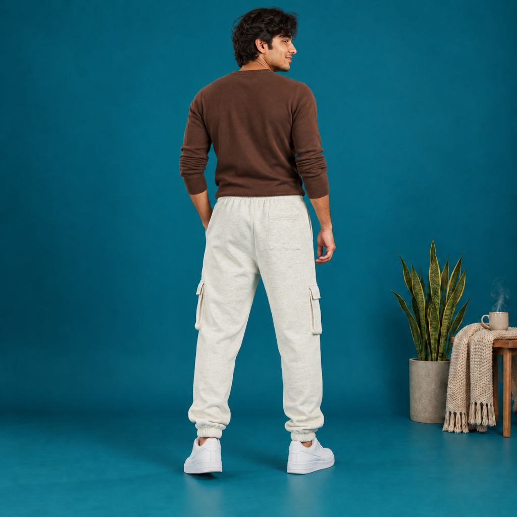 White Melange Heavyweight Fleece Joggers for Men