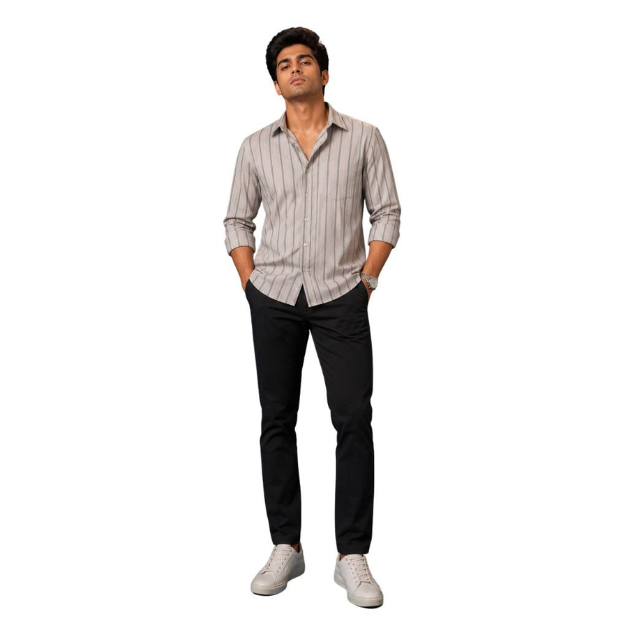 Grey Striped Cotton Satin Shirt — Slim Fit, Full Sleeves