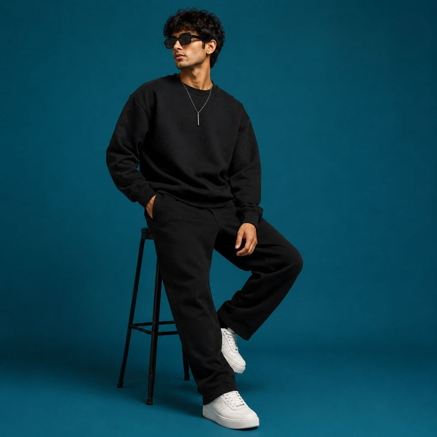 Jet Black Heavyweight Fleece Sweatshirt for Men