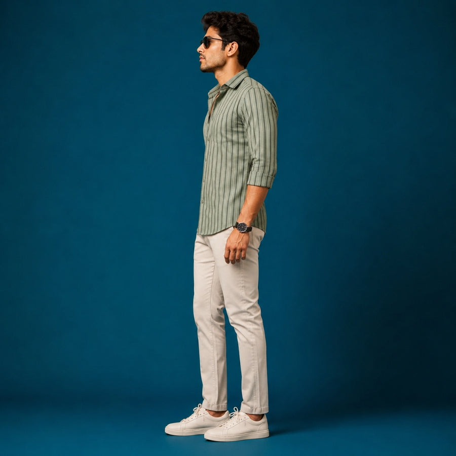 Olive Green & Black Striped Cotton Satin Shirt — Slim Fit, Full Sleeves