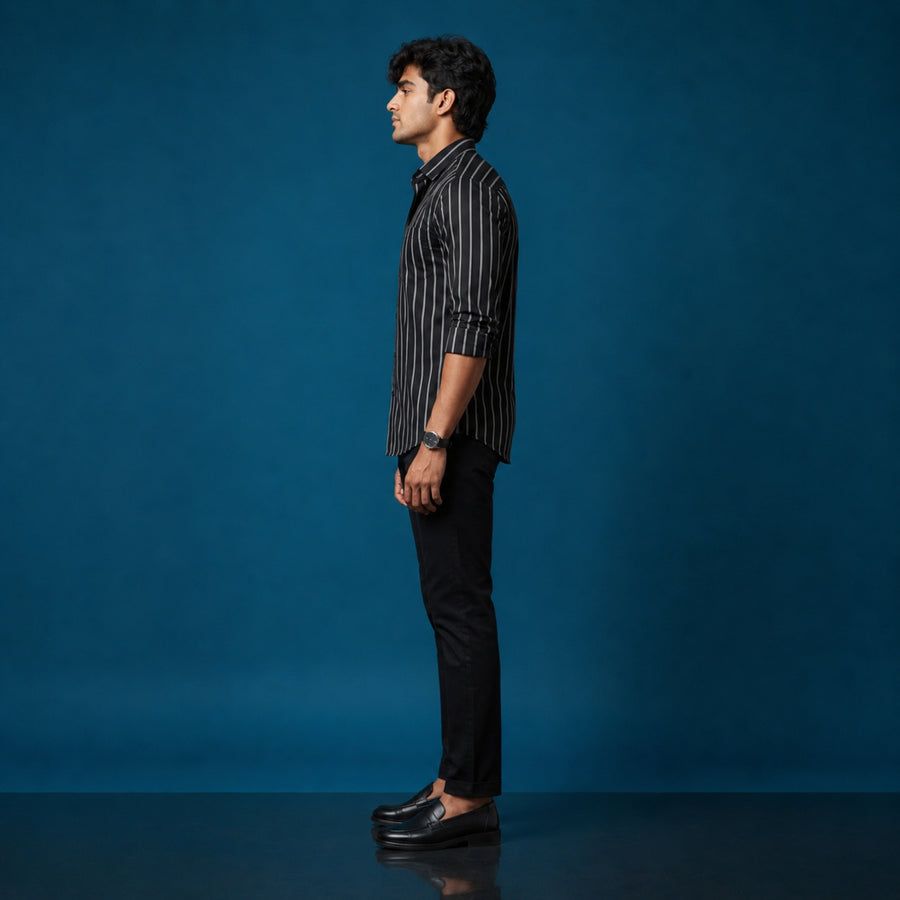 Black & White Striped Cotton Satin Shirt | Slim Fit | Full Sleeves