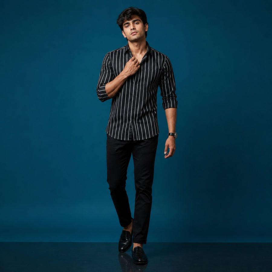 Black & White Striped Cotton Satin Shirt | Slim Fit | Full Sleeves